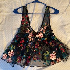 embroidered mesh deep v tank